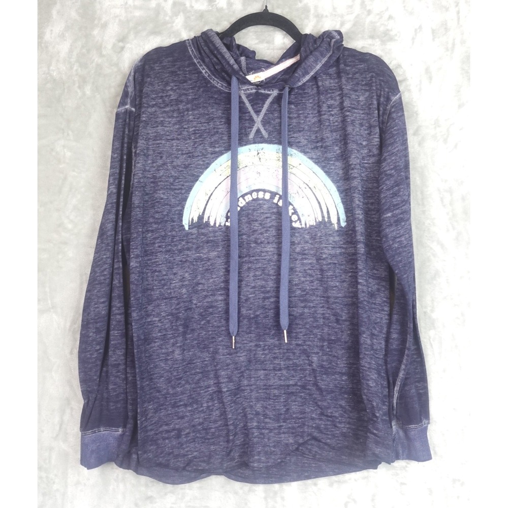C&C California Hoodie Women Large Navy Blue Kindness Key Rainbow Graphic *Flaw